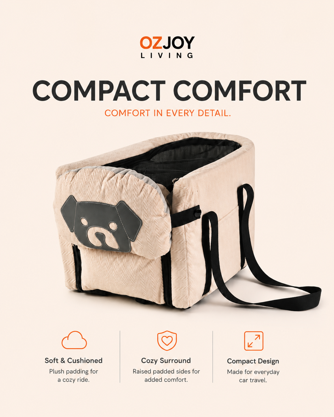 OZJOY beige pet car booster seat with soft cushioned sides and compact design