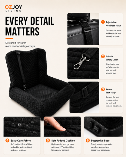 OZJOY black pet car booster seat with adjustable straps, safety leash and padded cushion