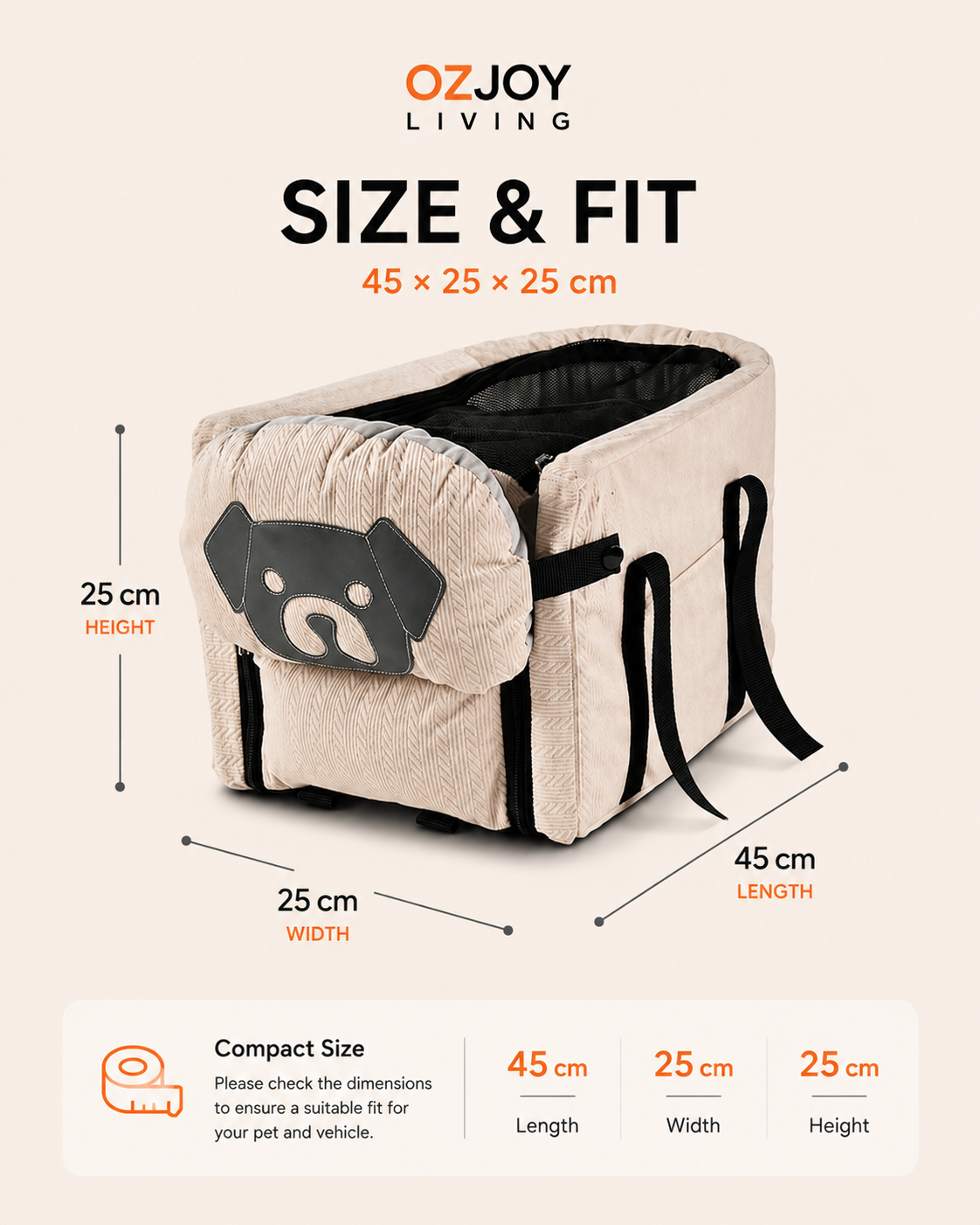 OZJOY beige pet car booster seat dimensions 45 x 25 x 25 cm
