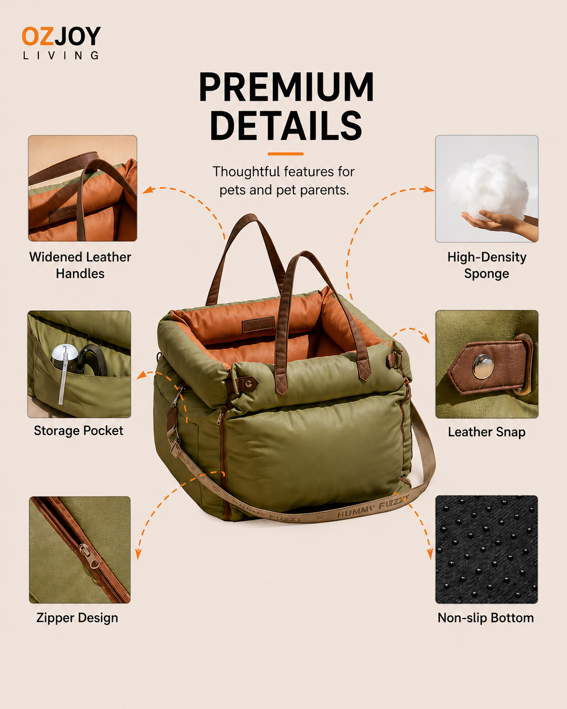 OZJOY Premium Pet Car Booster Seat & Travel Bed – Green & Orange