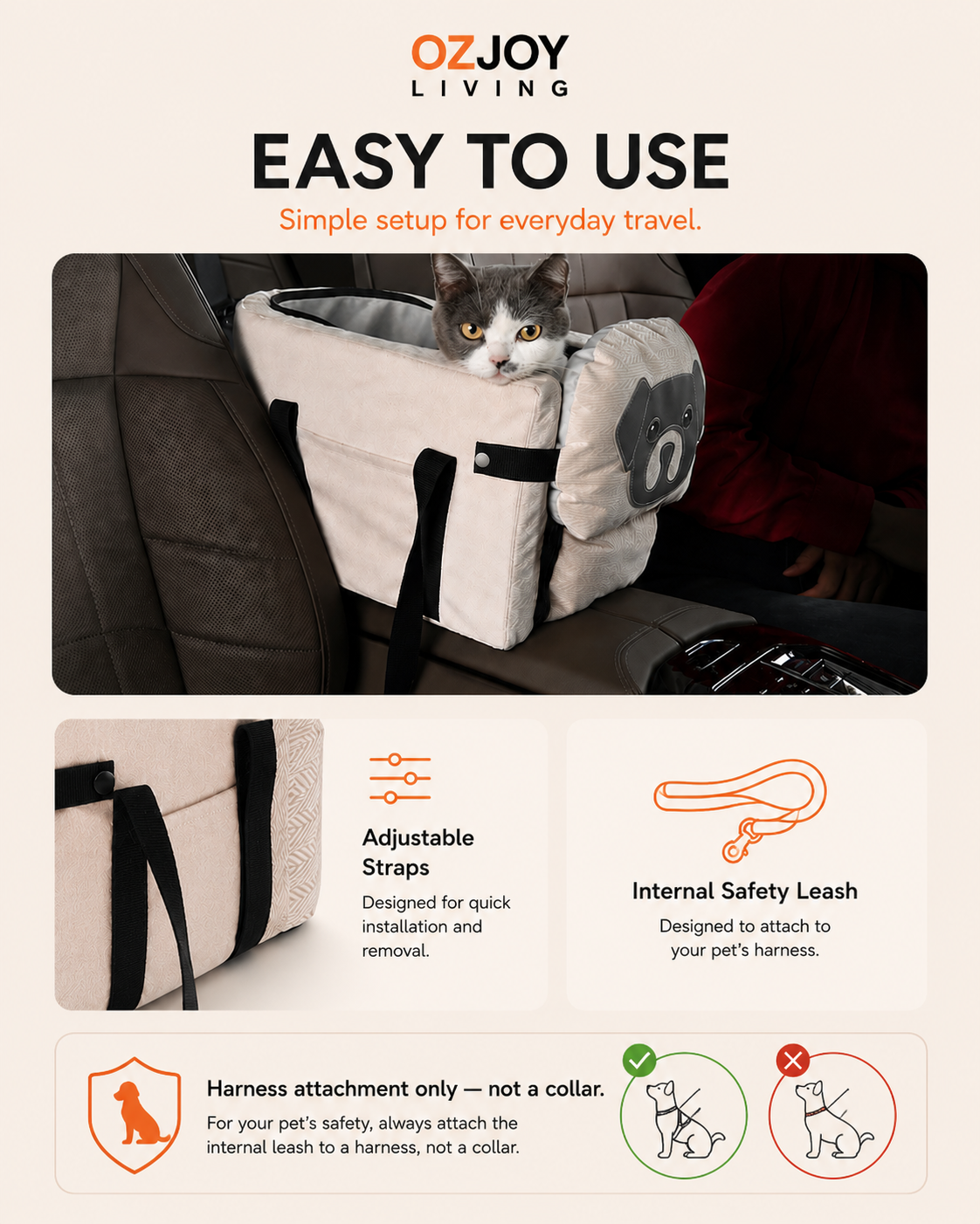 OZJOY beige pet car booster seat with adjustable straps and internal safety leash
