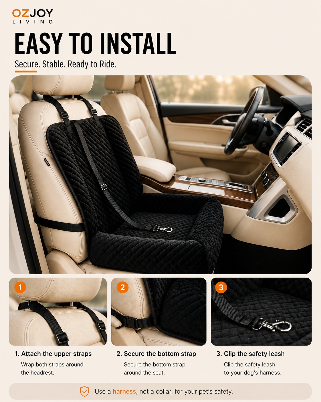 OZJOY black pet car booster seat installation with adjustable straps and safety leash