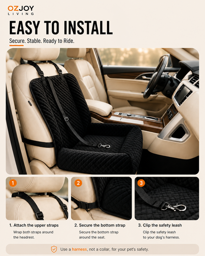 OZJOY black pet car booster seat installation with adjustable straps and safety leash