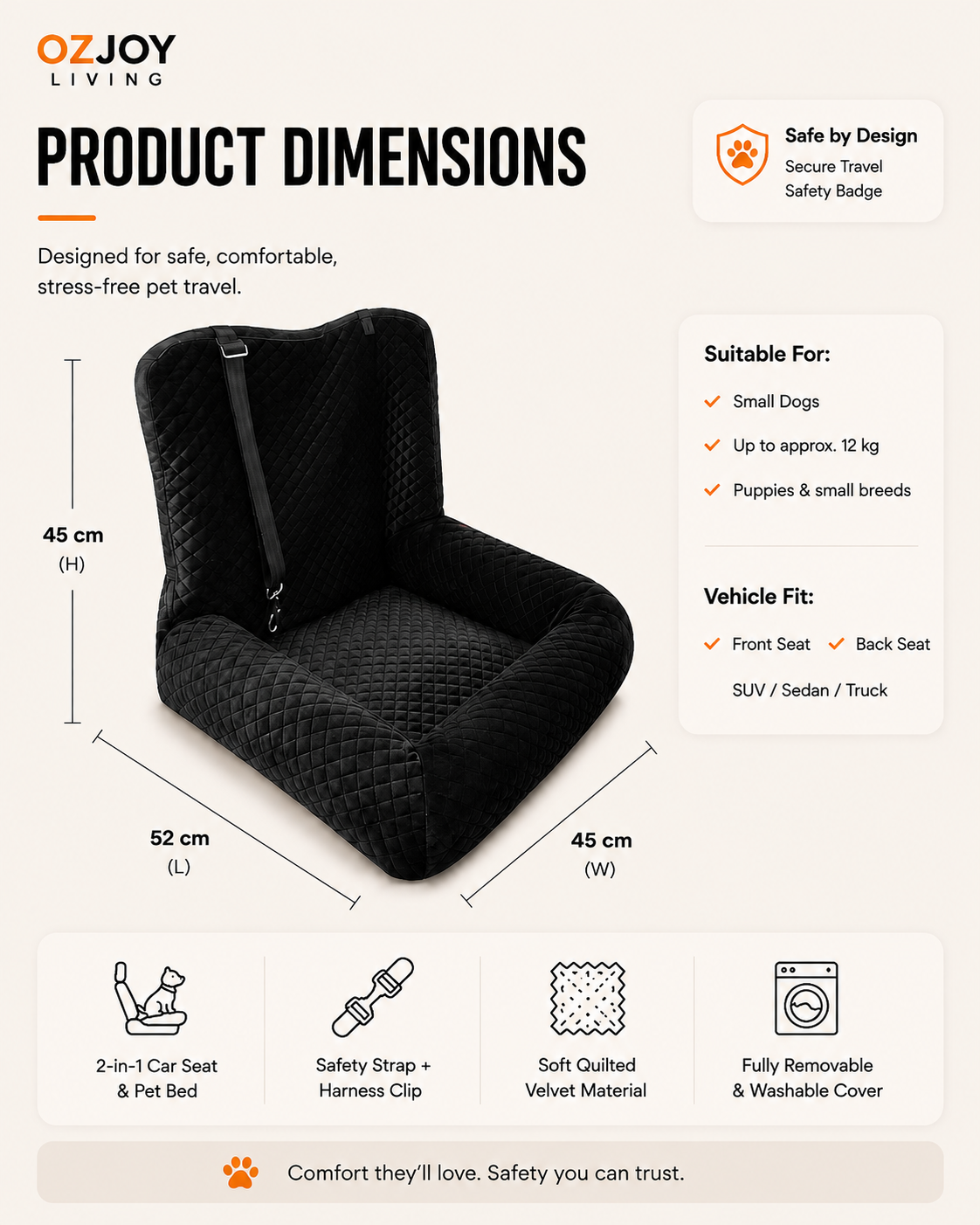 OZJOY black pet car booster seat dimensions 52 x 45 x 45 cm for small dogs