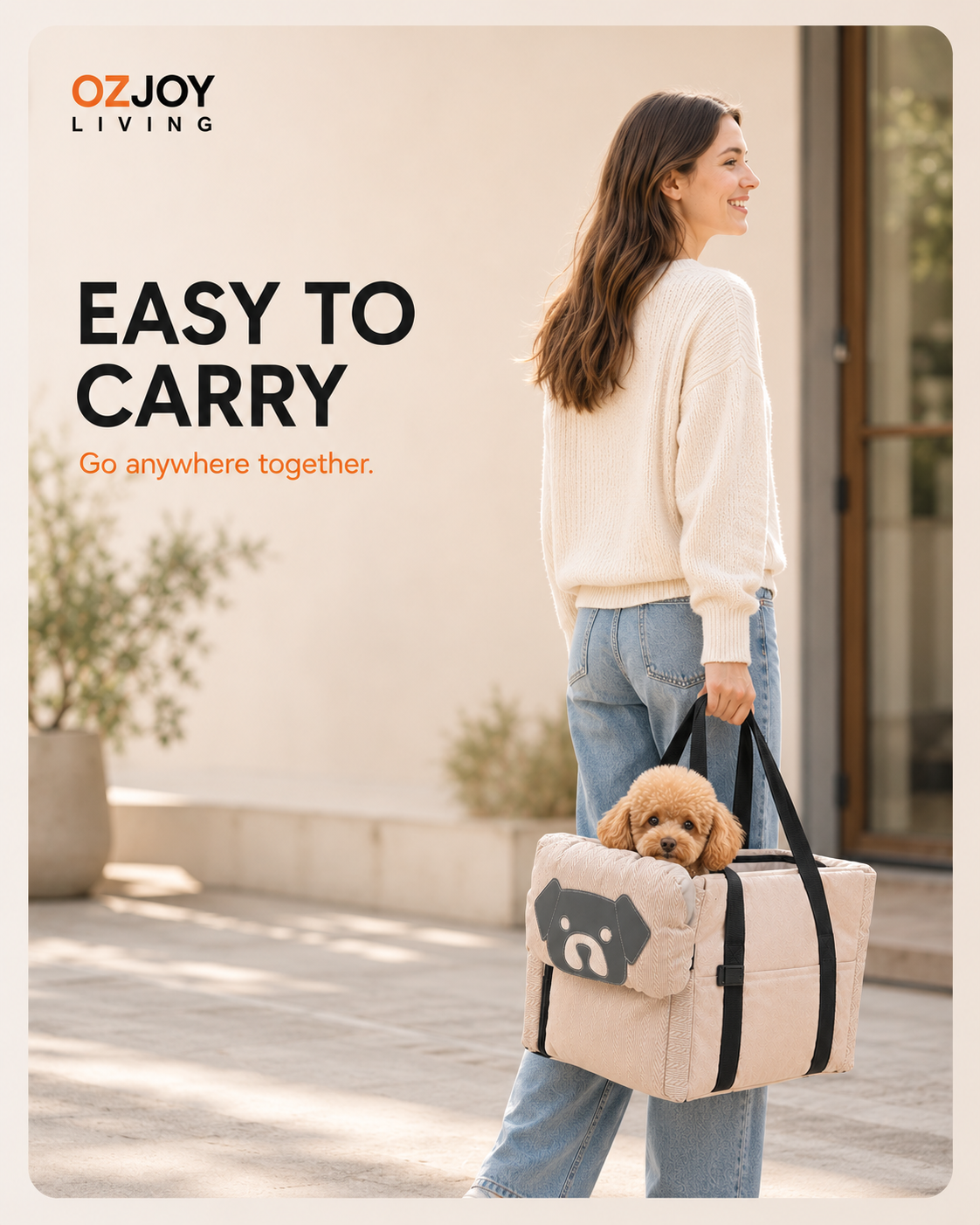 Small dog in OZJOY beige pet car booster seat with carrying handles
