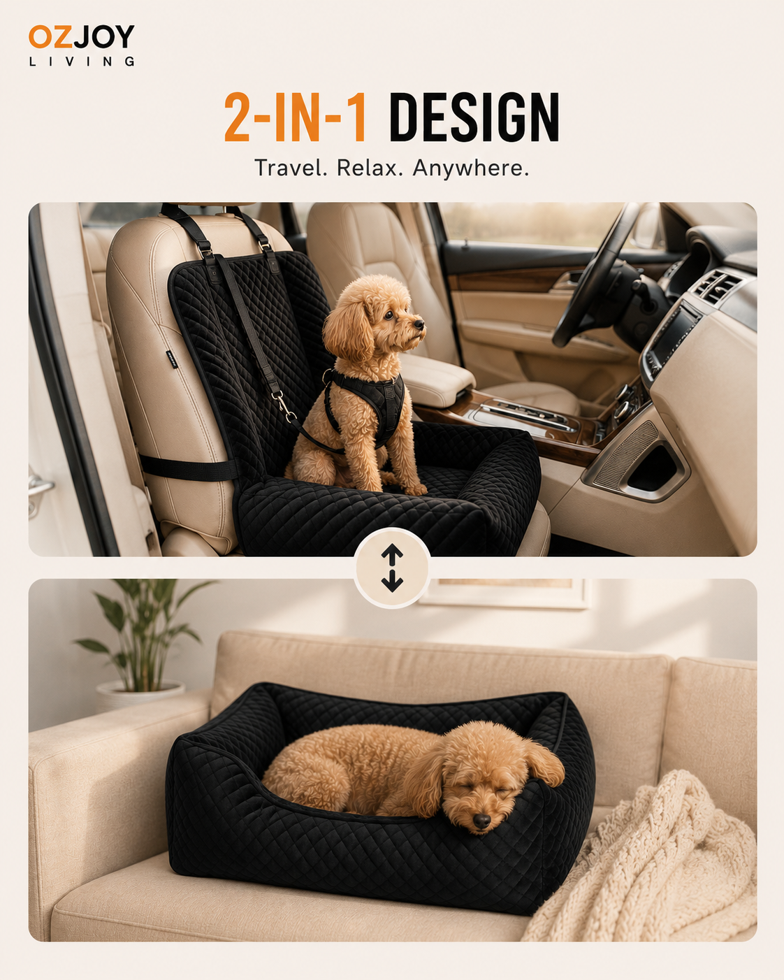 OZJOY black 2-in-1 pet car booster seat and pet bed for small dogs